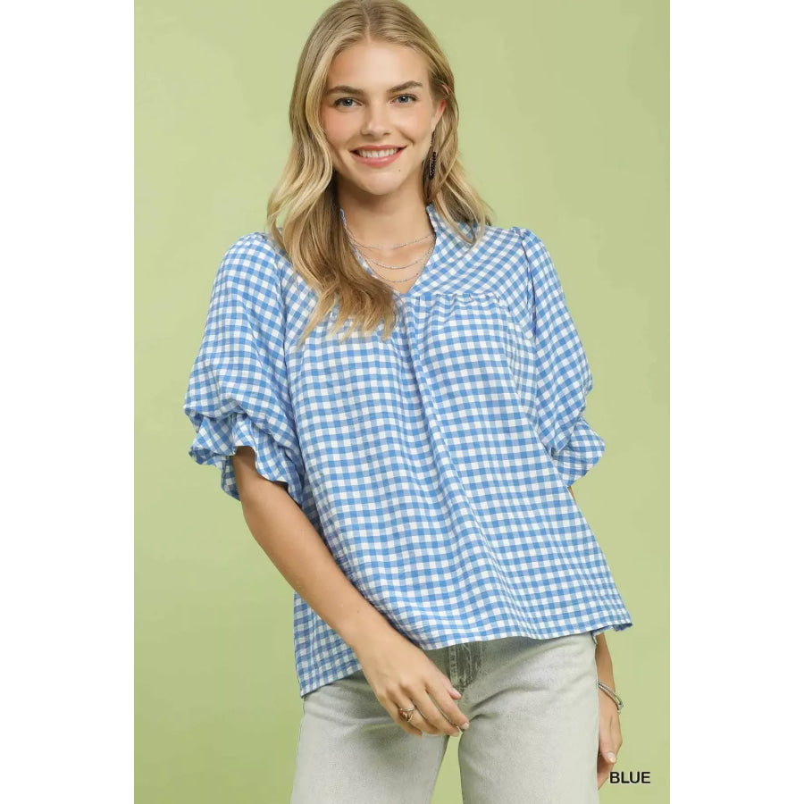 Umgee Gingham Check Blouse with Ruffle Sleeves BLUE / S Apparel and Accessories