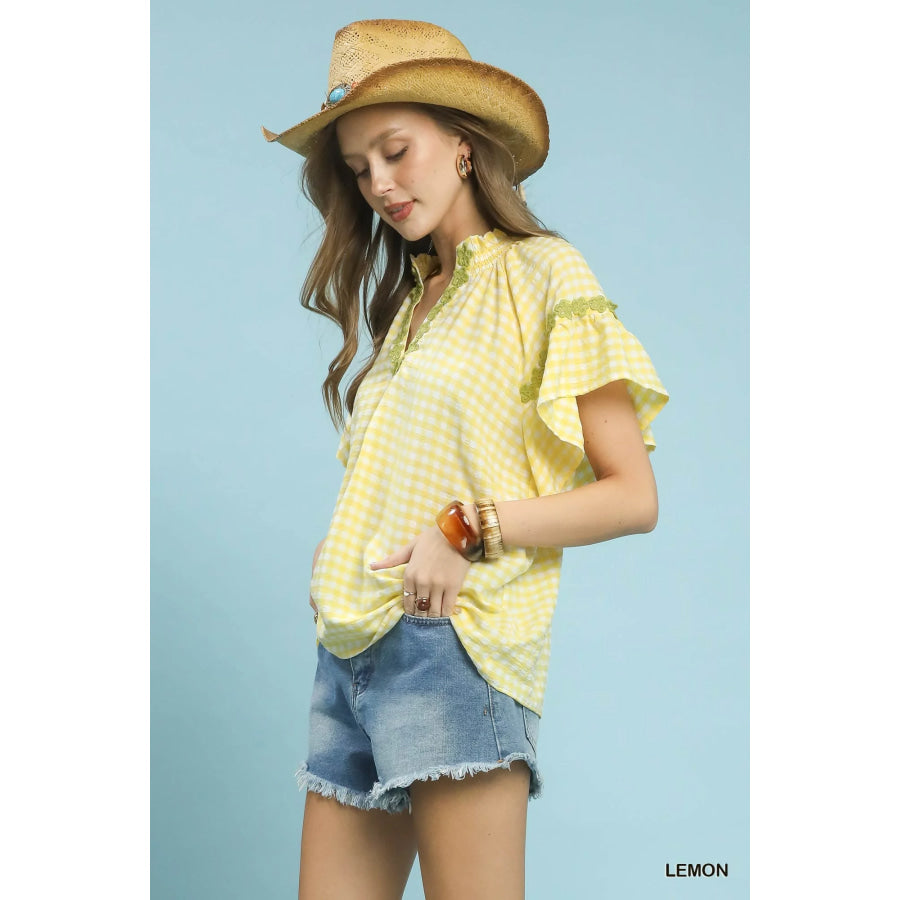 Umgee Gingham Lace Trim Top LEMON / S Apparel and Accessories