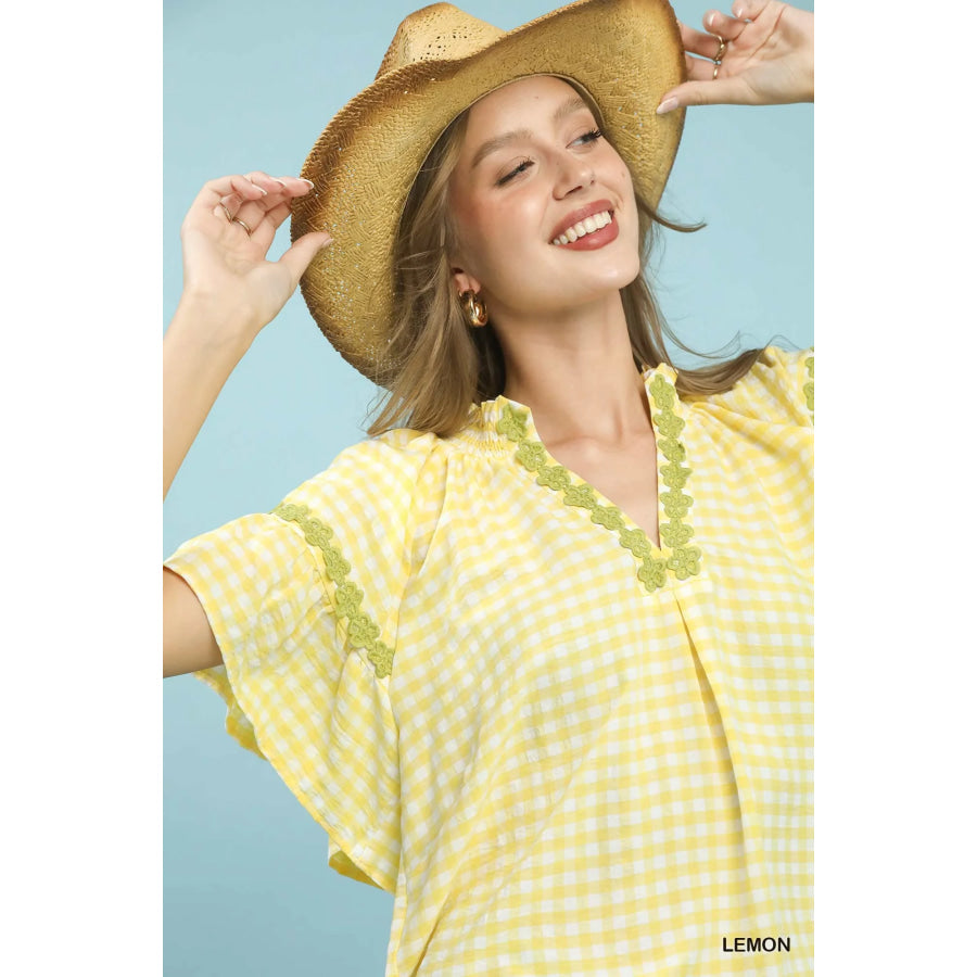 Umgee Gingham Lace Trim Top Apparel and Accessories