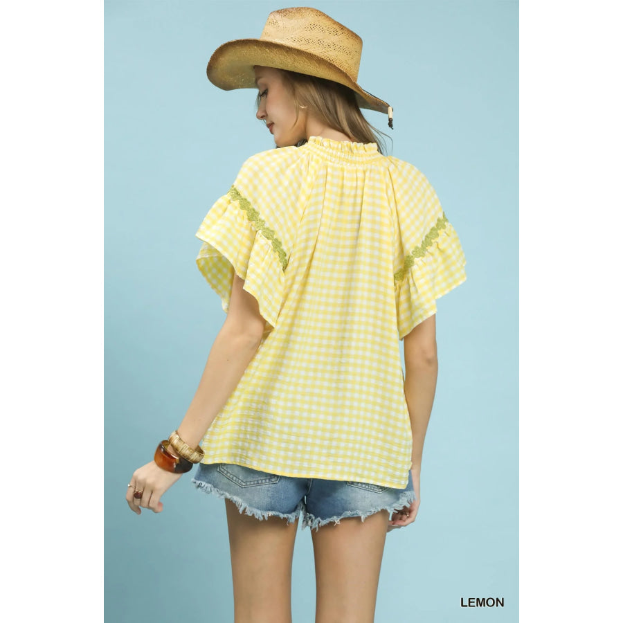 Umgee Gingham Lace Trim Top Apparel and Accessories