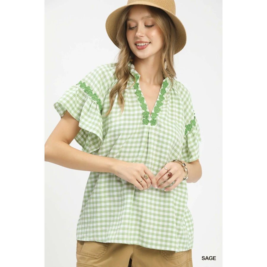 Umgee Gingham Lace Trim Top SAGE / S Apparel and Accessories