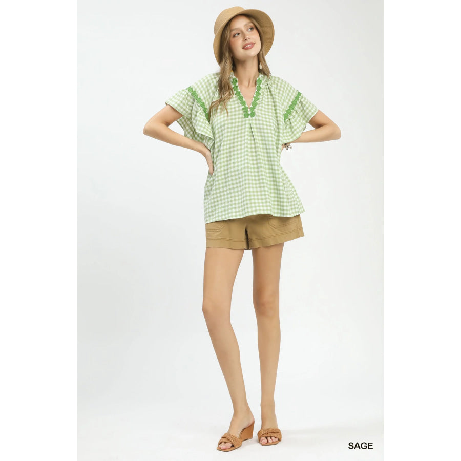 Umgee Gingham Lace Trim Top Apparel and Accessories