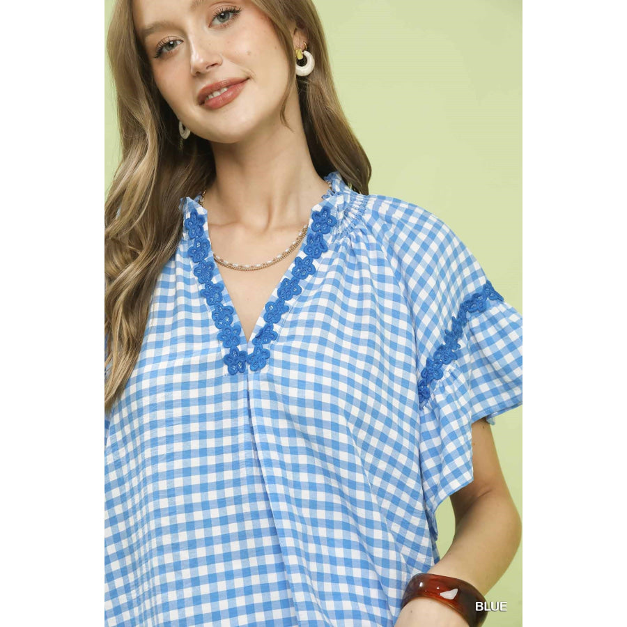 Umgee Gingham Lace Trim Top Apparel and Accessories