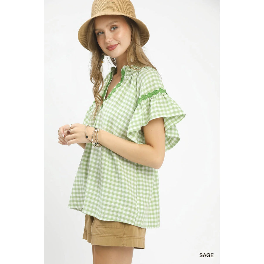 Umgee Gingham Lace Trim Top Apparel and Accessories