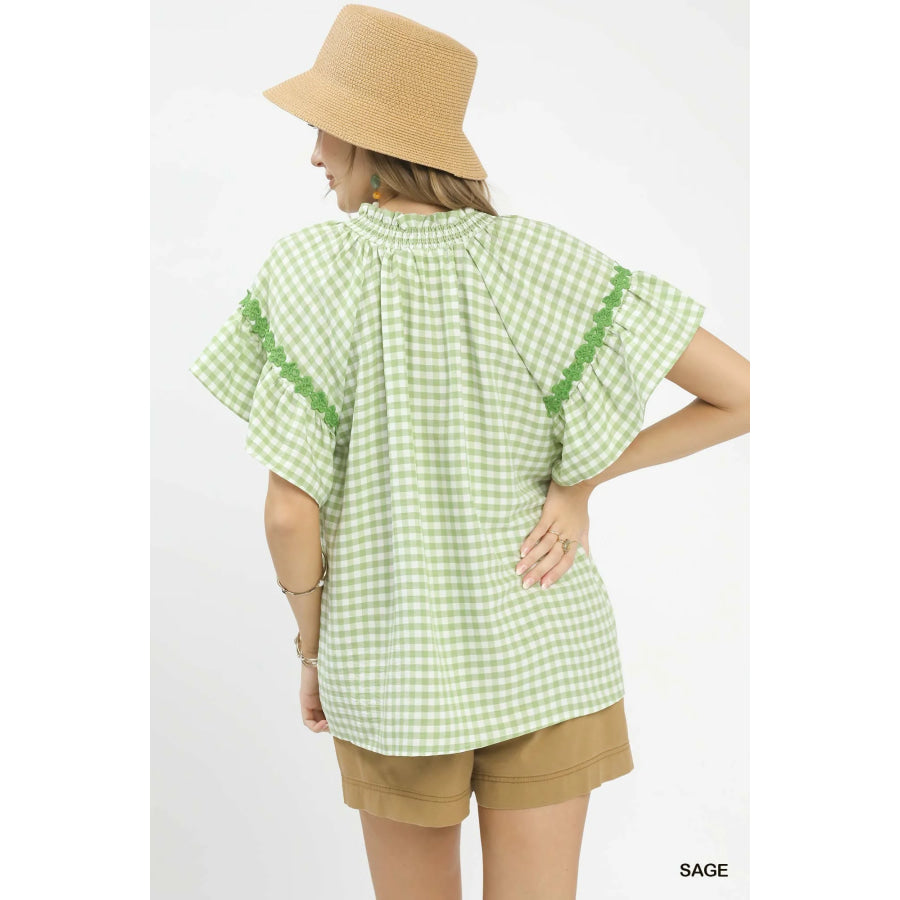 Umgee Gingham Lace Trim Top Apparel and Accessories