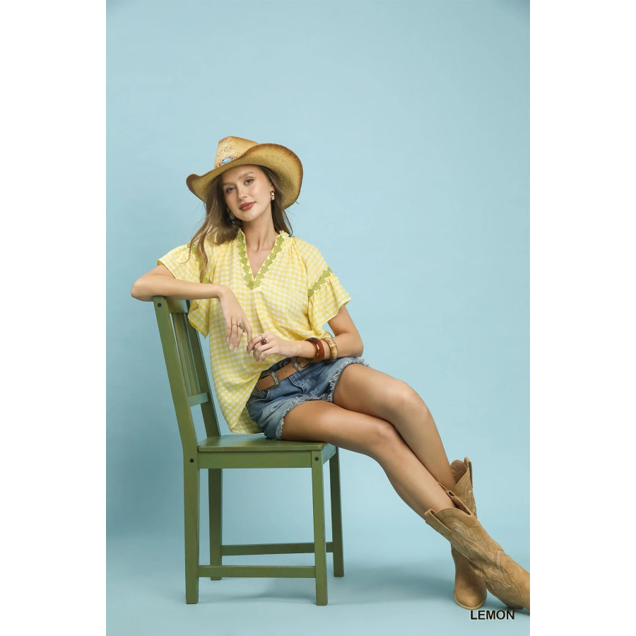 Umgee Gingham Lace Trim Top Apparel and Accessories