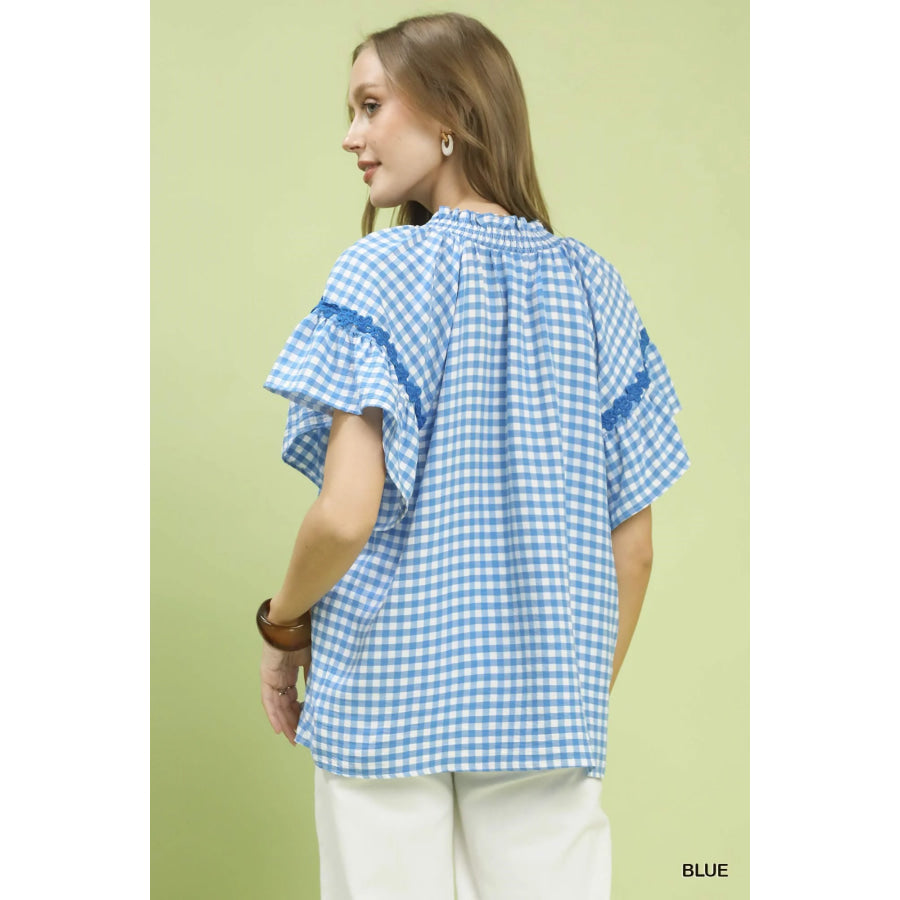 Umgee Gingham Lace Trim Top Apparel and Accessories