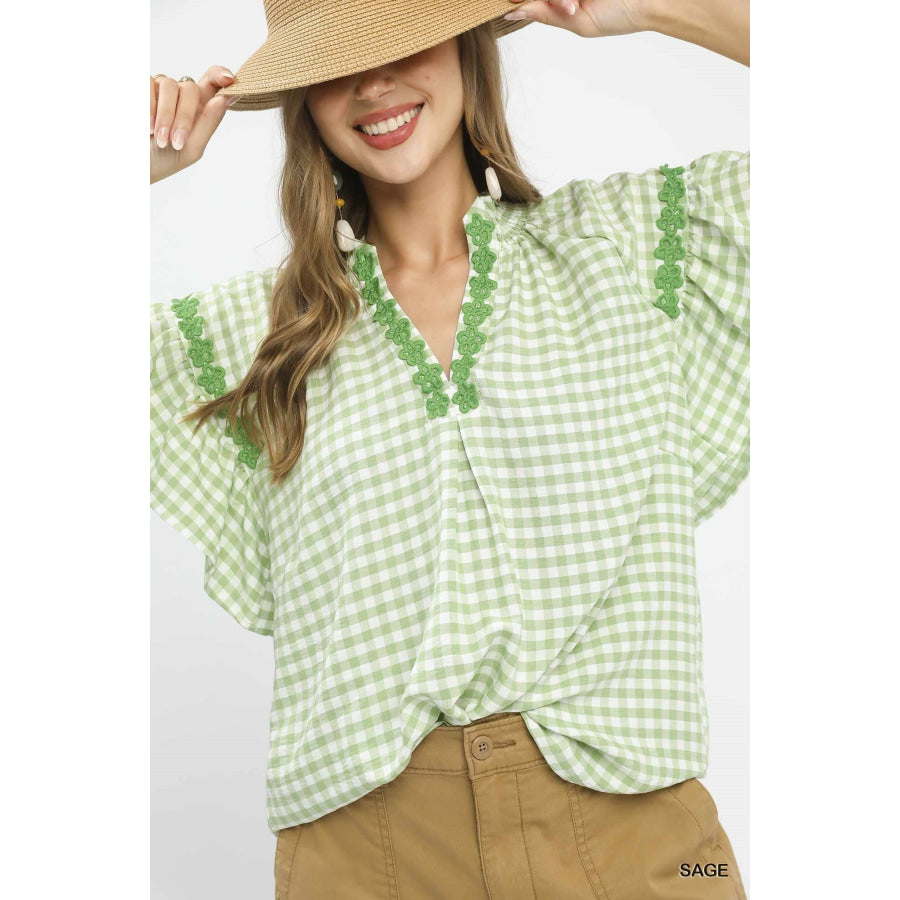 Umgee Gingham Lace Trim Top Apparel and Accessories