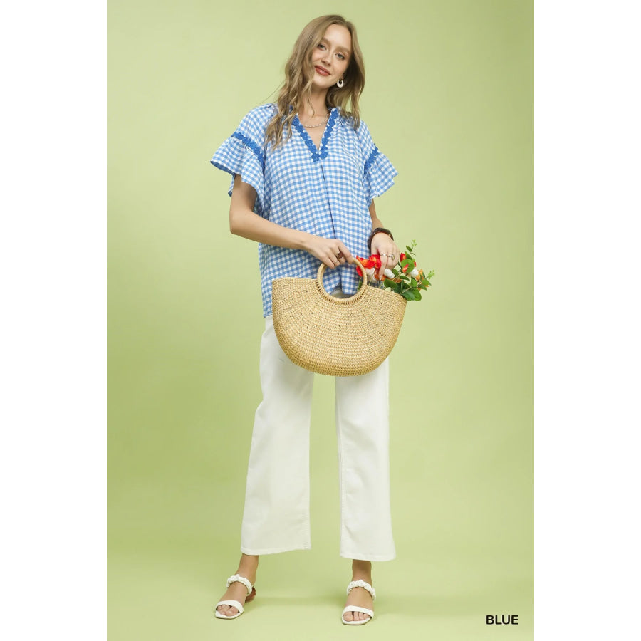 Umgee Gingham Lace Trim Top Blue / S Apparel and Accessories