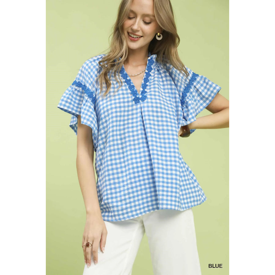 Umgee Gingham Lace Trim Top Blue / S Apparel and Accessories