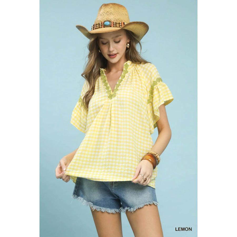 Umgee Gingham Lace Trim Top LEMON / S Apparel and Accessories