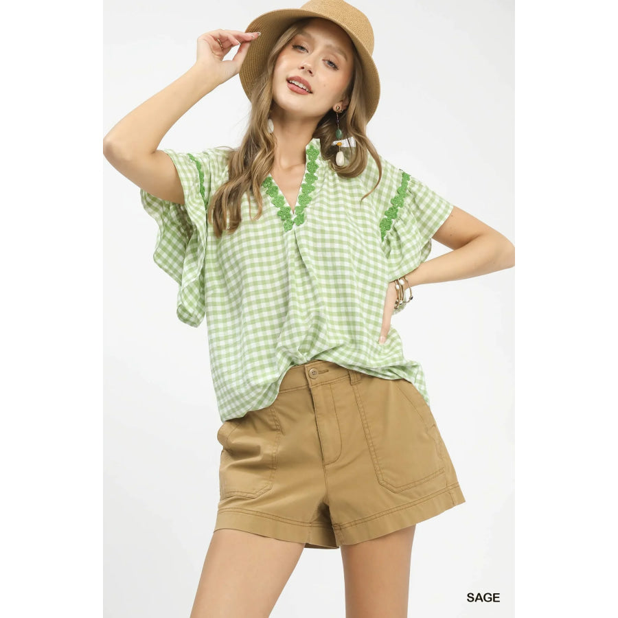Umgee Gingham Lace Trim Top SAGE / S Apparel and Accessories