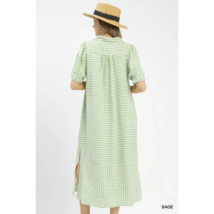 Umgee Gingham Midi Dress with Side Pockets Apparel and Accessories