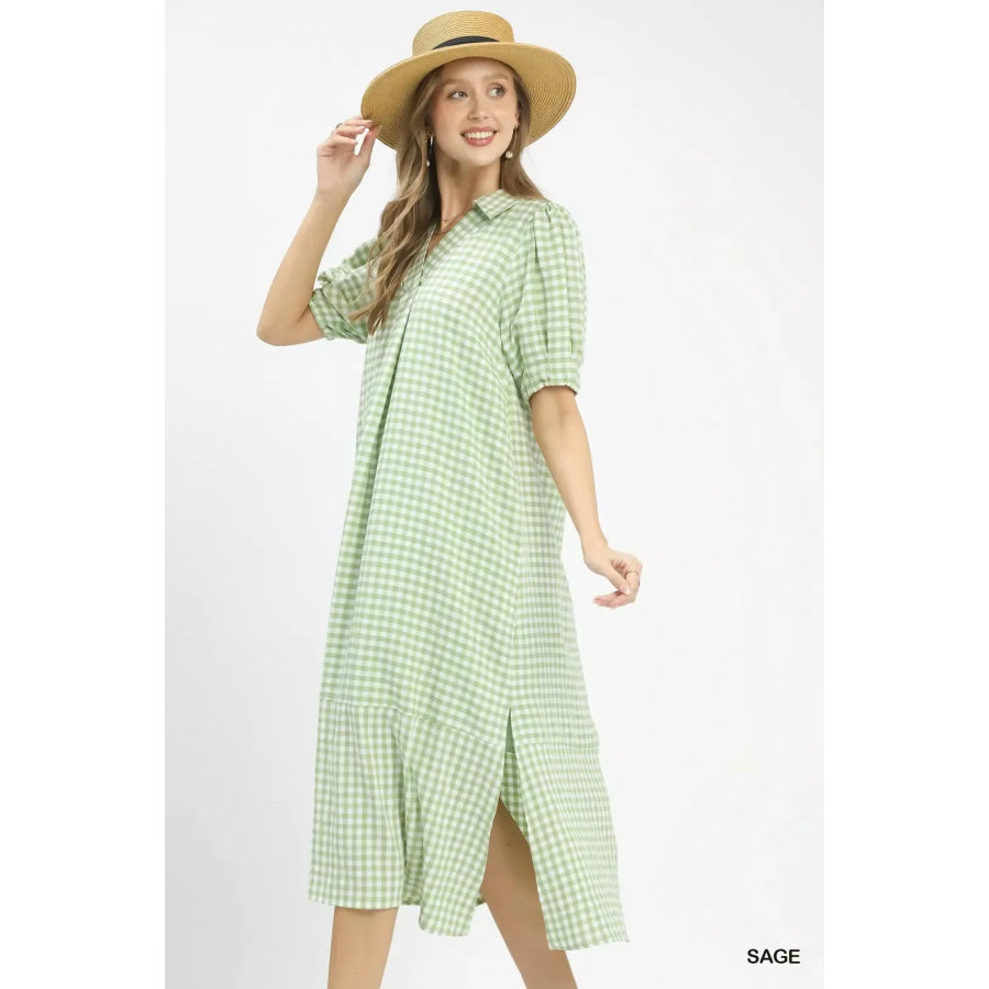 Umgee Gingham Midi Dress with Side Pockets SAGE / S Apparel and Accessories