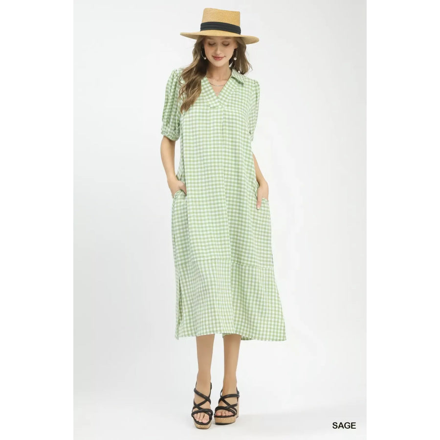Umgee Gingham Midi Dress with Side Pockets Apparel and Accessories
