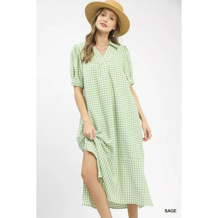 Umgee Gingham Midi Dress with Side Pockets SAGE / S Apparel and Accessories