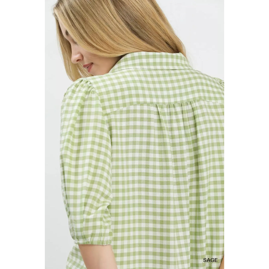 Umgee Gingham Puff Sleeve Collared Blouse Apparel and Accessories