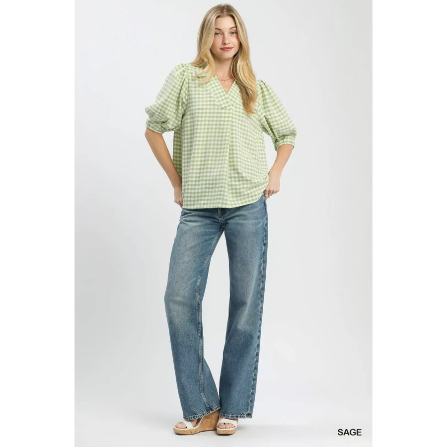 Umgee Gingham Puff Sleeve Collared Blouse Apparel and Accessories