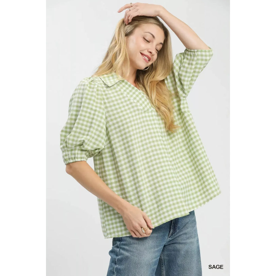 Umgee Gingham Puff Sleeve Collared Blouse SAGE / S Apparel and Accessories