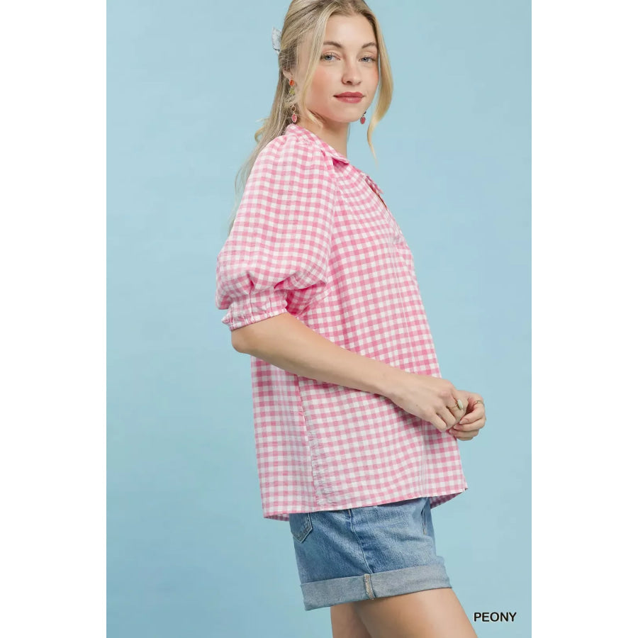 Umgee Gingham Puff Sleeve Collared Blouse PEONY / S Apparel and Accessories