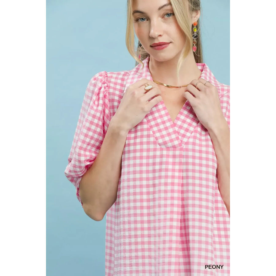 Umgee Gingham Puff Sleeve Collared Blouse Apparel and Accessories
