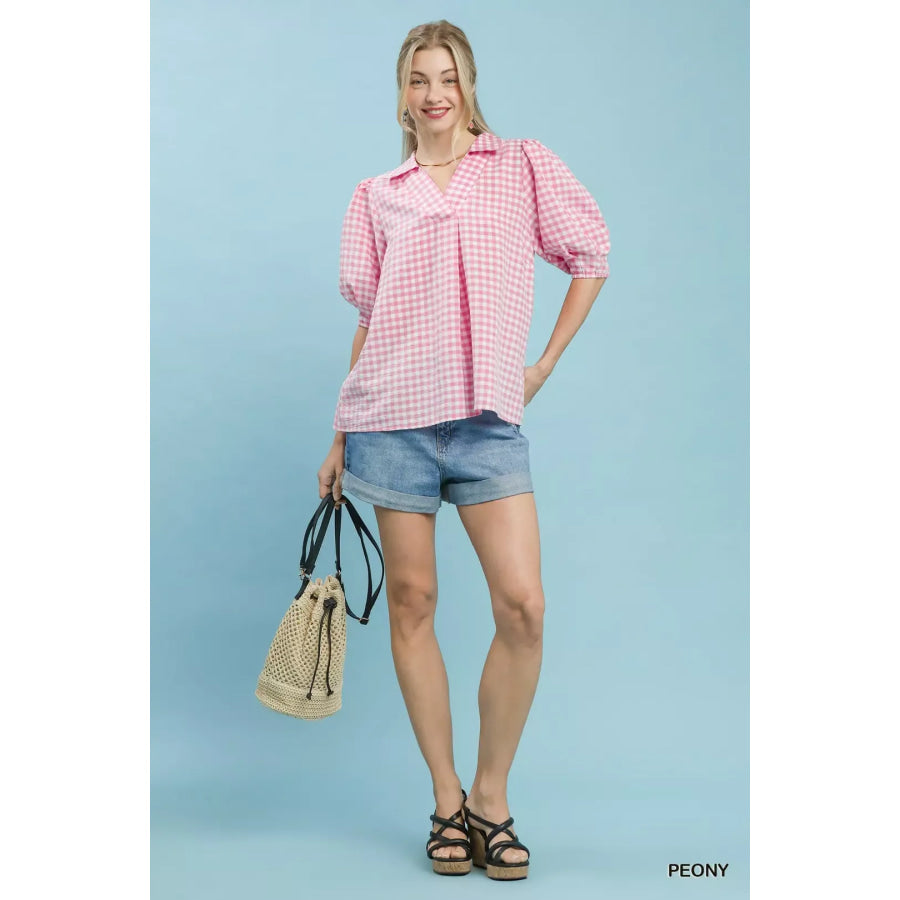 Umgee Gingham Puff Sleeve Collared Blouse Apparel and Accessories