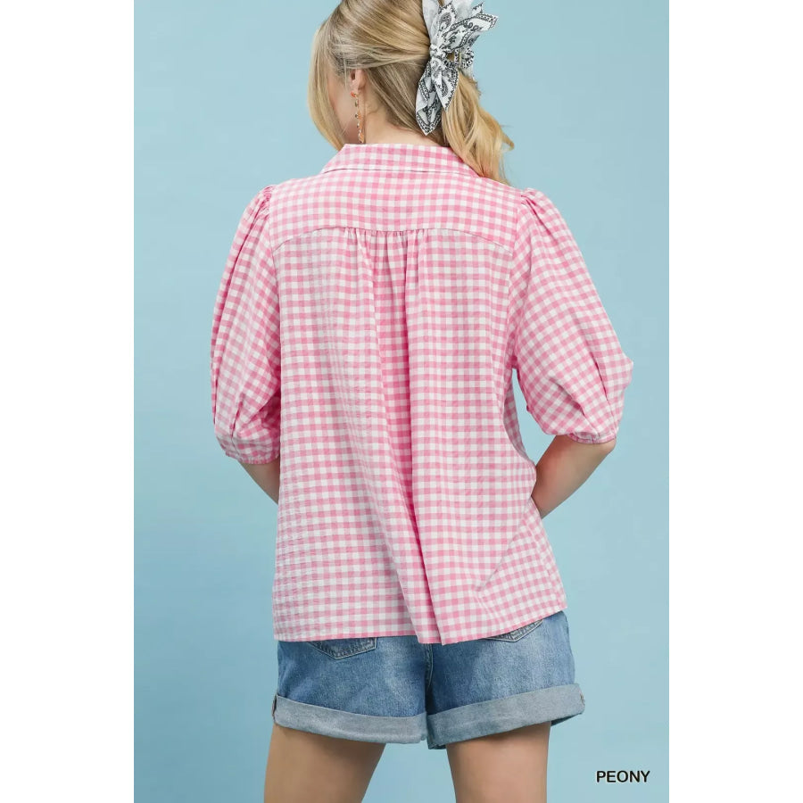 Umgee Gingham Puff Sleeve Collared Blouse Apparel and Accessories