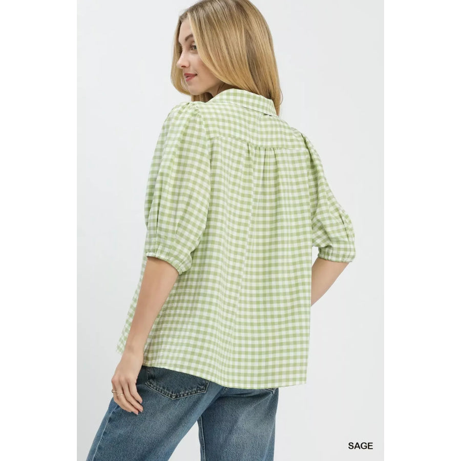 Umgee Gingham Puff Sleeve Collared Blouse Apparel and Accessories