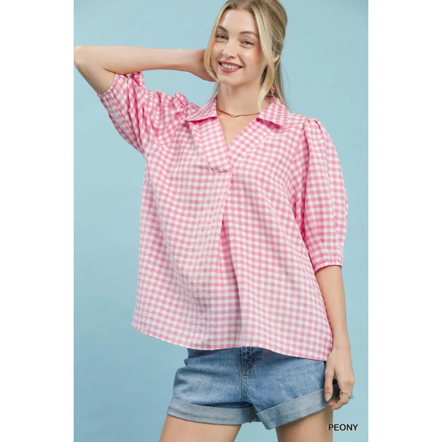 Umgee Gingham Puff Sleeve Collared Blouse PEONY / S Apparel and Accessories