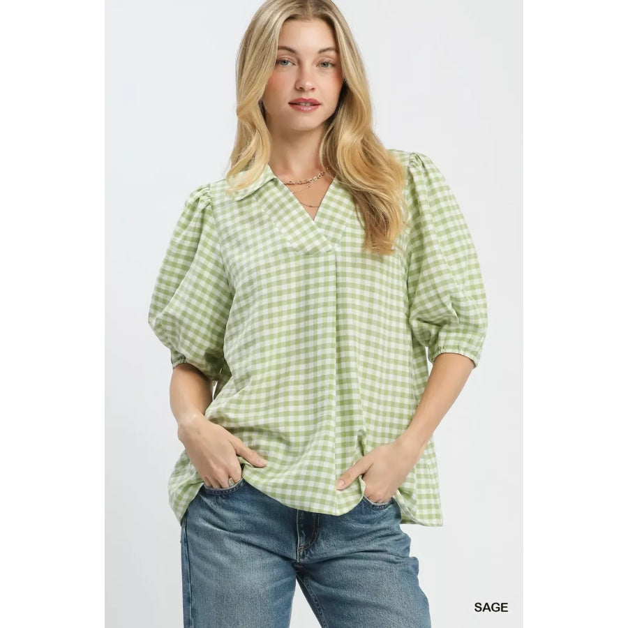 Umgee Gingham Puff Sleeve Collared Blouse SAGE / S Apparel and Accessories