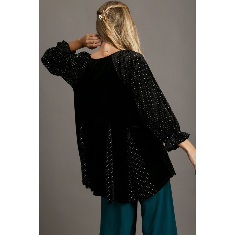 Umgee Godet Hem Polka Dot V-Neck Blouse Black / S Apparel and Accessories