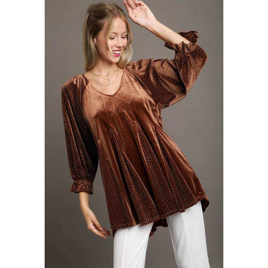 Umgee Godet Hem Polka Dot V-Neck Blouse Brown / S Apparel and Accessories