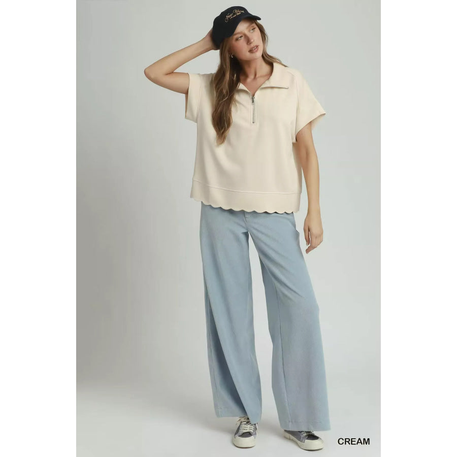 Umgee Half Zip Pullover with Scalloped Edge Hem Apparel and Accessories