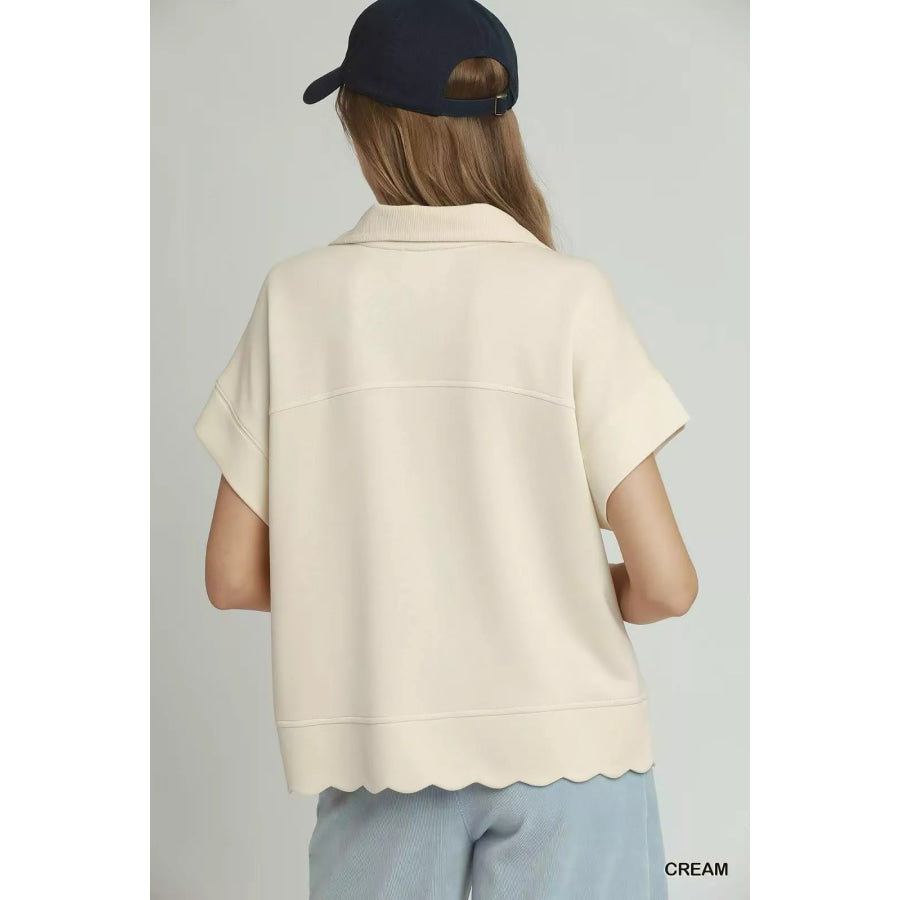 Umgee Half Zip Pullover with Scalloped Edge Hem Apparel and Accessories