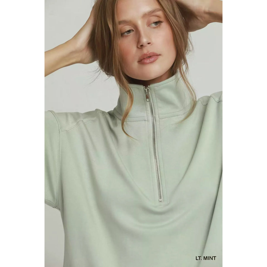 Umgee Half Zip Pullover with Scalloped Edge Hem Apparel and Accessories