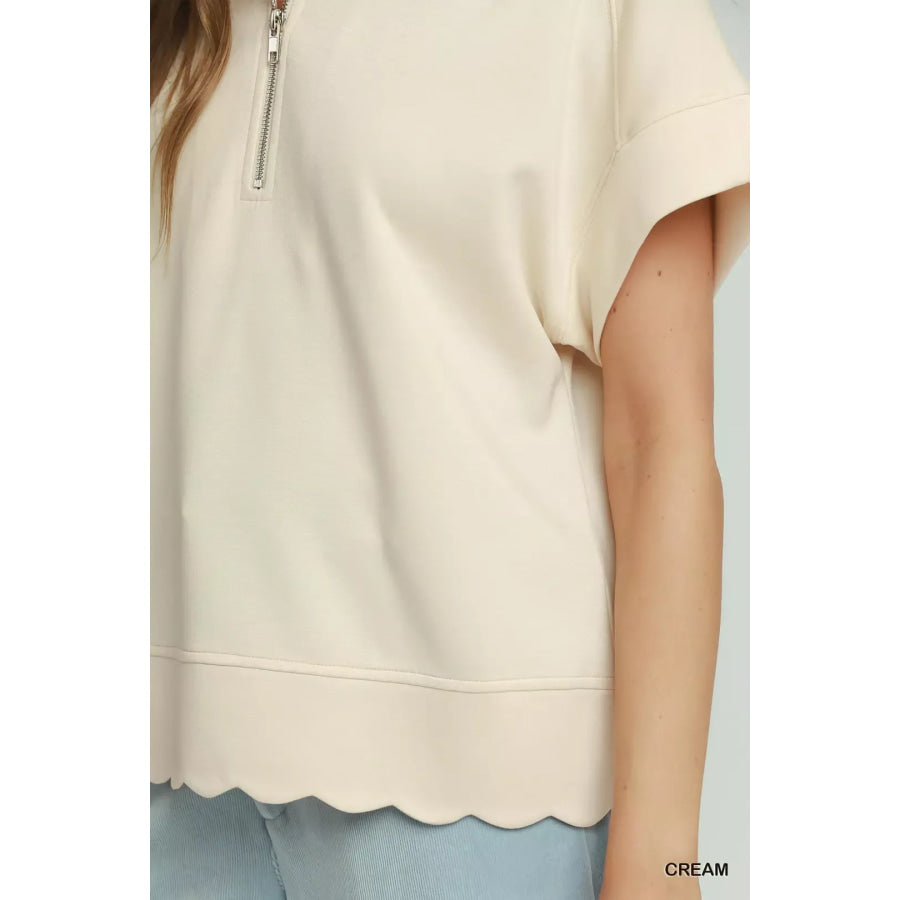 Umgee Half Zip Pullover with Scalloped Edge Hem Apparel and Accessories