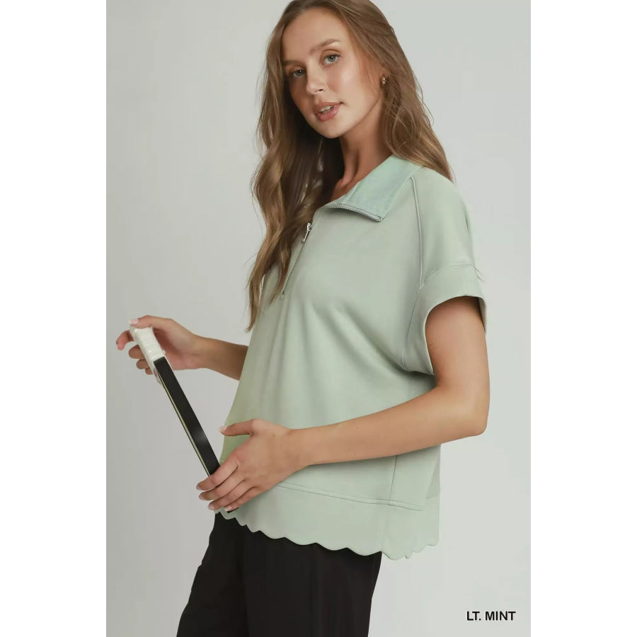 Umgee Half Zip Pullover with Scalloped Edge Hem Apparel and Accessories