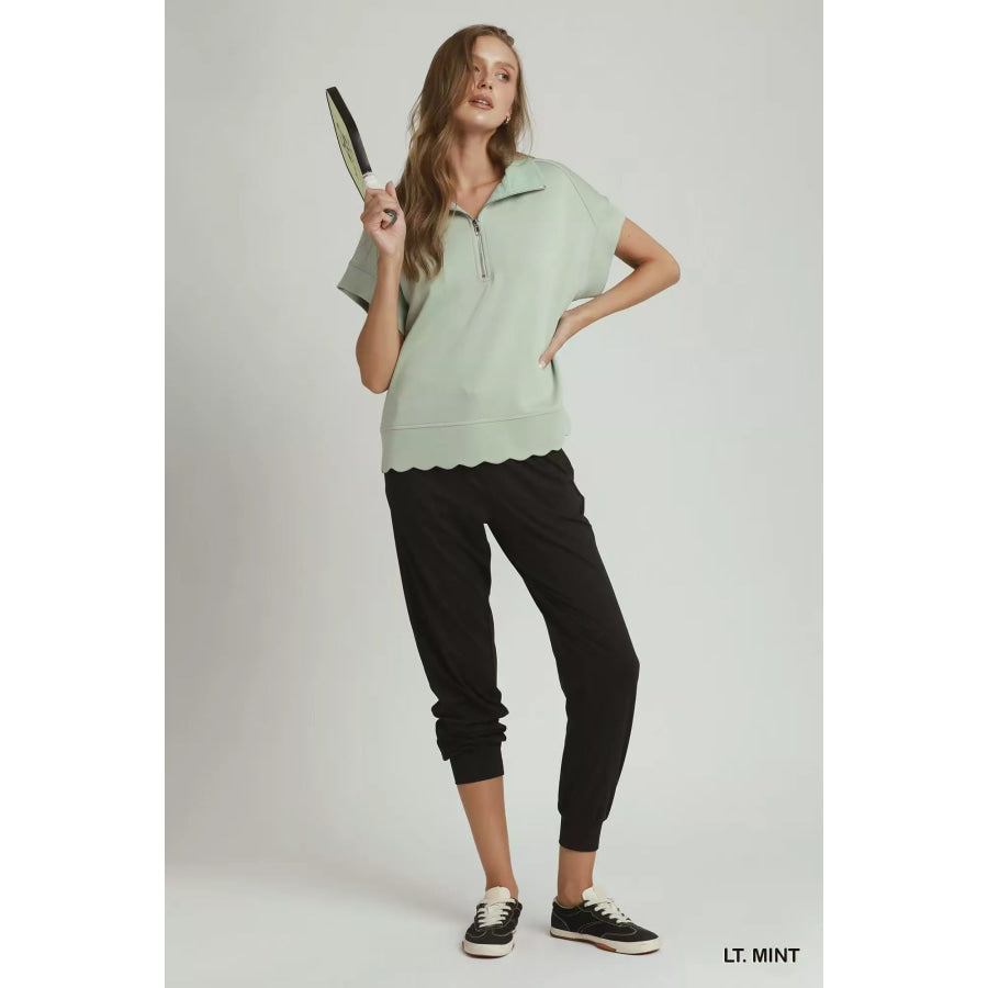 Umgee Half Zip Pullover with Scalloped Edge Hem Apparel and Accessories