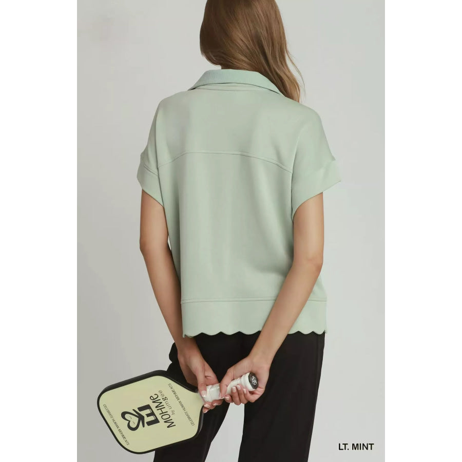 Umgee Half Zip Pullover with Scalloped Edge Hem Apparel and Accessories