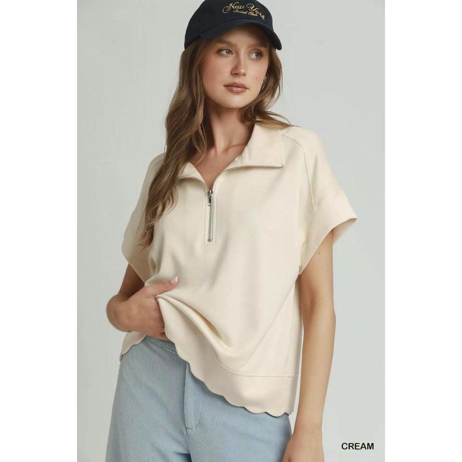 Umgee Half Zip Pullover with Scalloped Edge Hem CREAM / S Apparel and Accessories