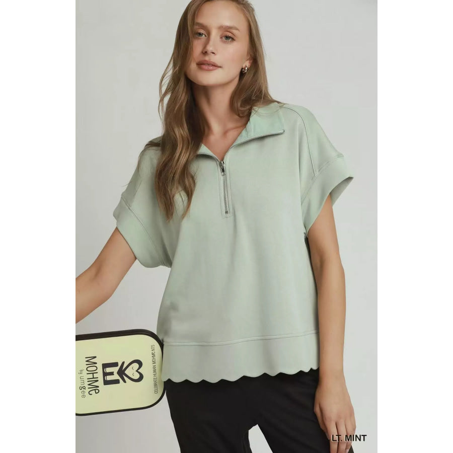 Umgee Half Zip Pullover with Scalloped Edge Hem LT. MINT / S Apparel and Accessories