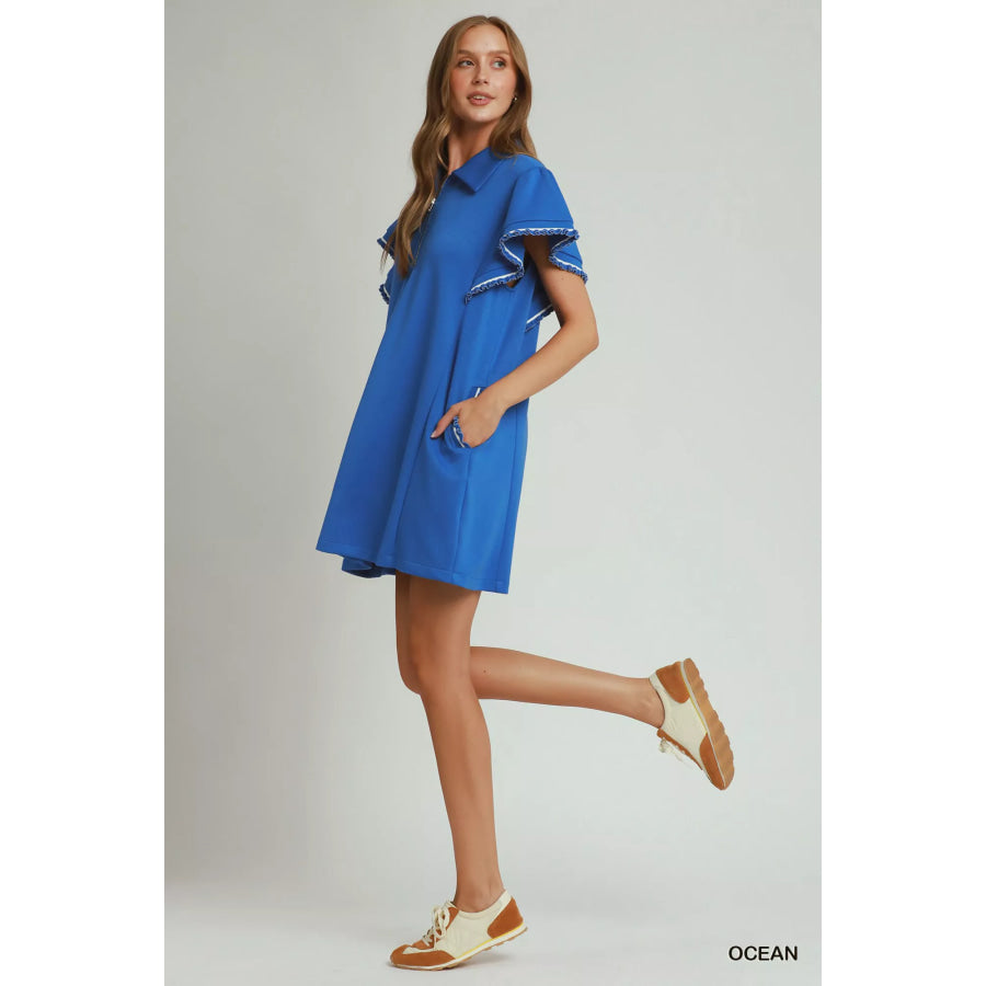 Umgee Half Zip Ruffle Rib Band Butterfy Sleeve Mini Dress with Pockets OCEAN / S Apparel and Accessories