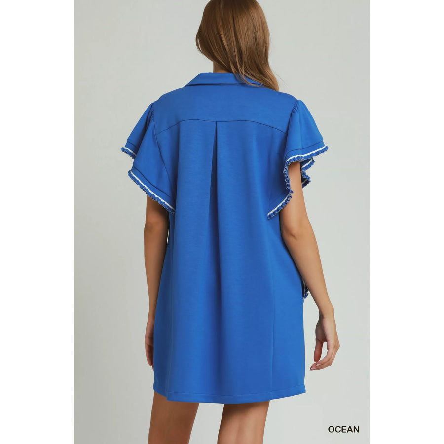 Umgee Half Zip Ruffle Rib Band Butterfy Sleeve Mini Dress with Pockets Apparel and Accessories