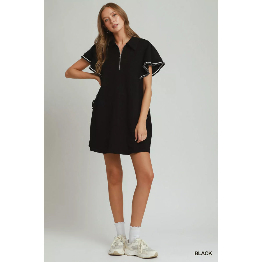 Umgee Half Zip Ruffle Rib Band Butterfy Sleeve Mini Dress with Pockets Apparel and Accessories