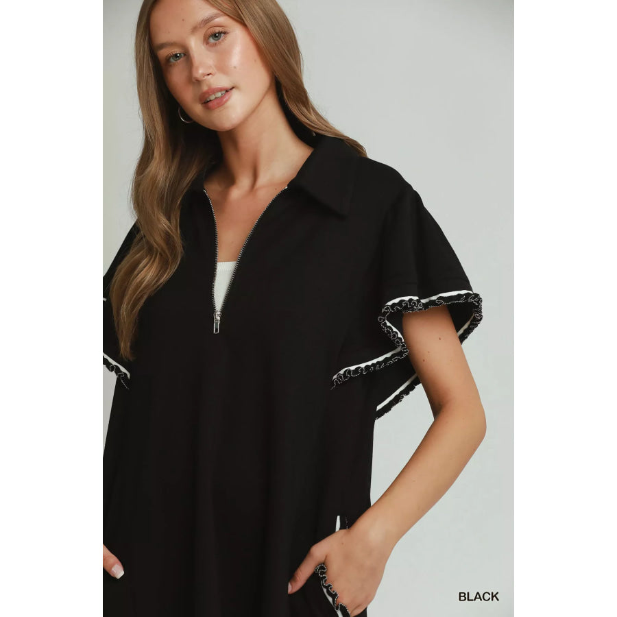 Umgee Half Zip Ruffle Rib Band Butterfy Sleeve Mini Dress with Pockets Apparel and Accessories