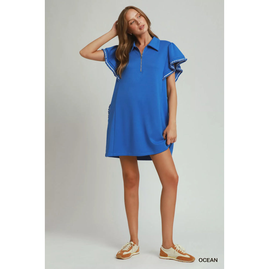 Umgee Half Zip Ruffle Rib Band Butterfy Sleeve Mini Dress with Pockets Apparel and Accessories