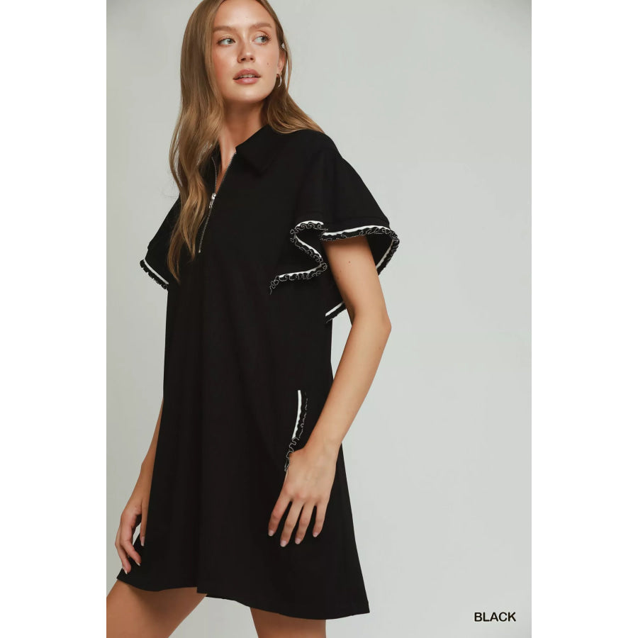 Umgee Half Zip Ruffle Rib Band Butterfy Sleeve Mini Dress with Pockets Black / S Apparel and Accessories