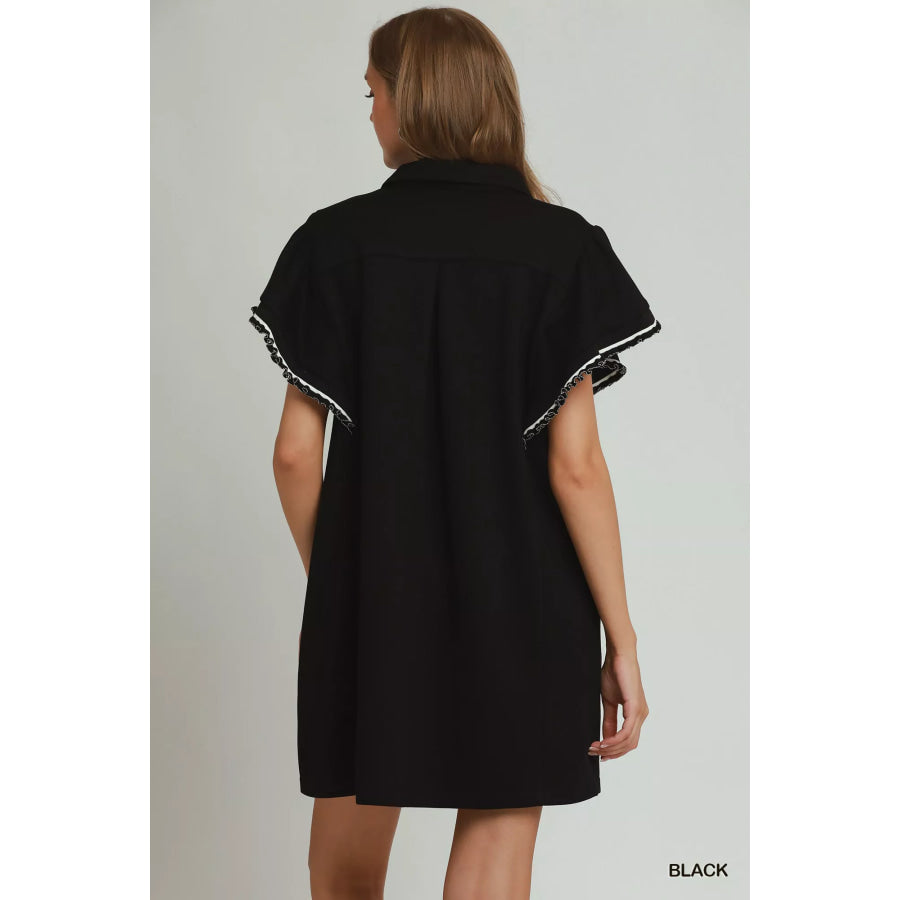 Umgee Half Zip Ruffle Rib Band Butterfy Sleeve Mini Dress with Pockets Apparel and Accessories