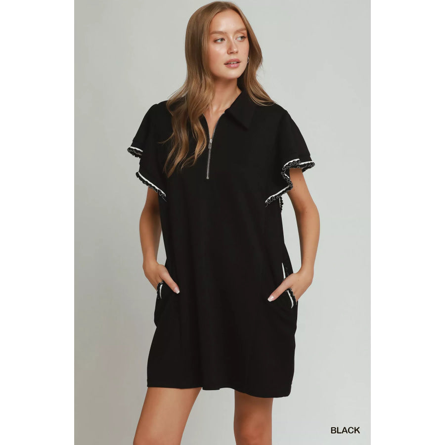 Umgee Half Zip Ruffle Rib Band Butterfy Sleeve Mini Dress with Pockets Black / S Apparel and Accessories