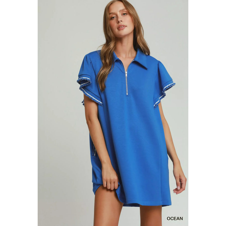 Umgee Half Zip Ruffle Rib Band Butterfy Sleeve Mini Dress with Pockets OCEAN / S Apparel and Accessories